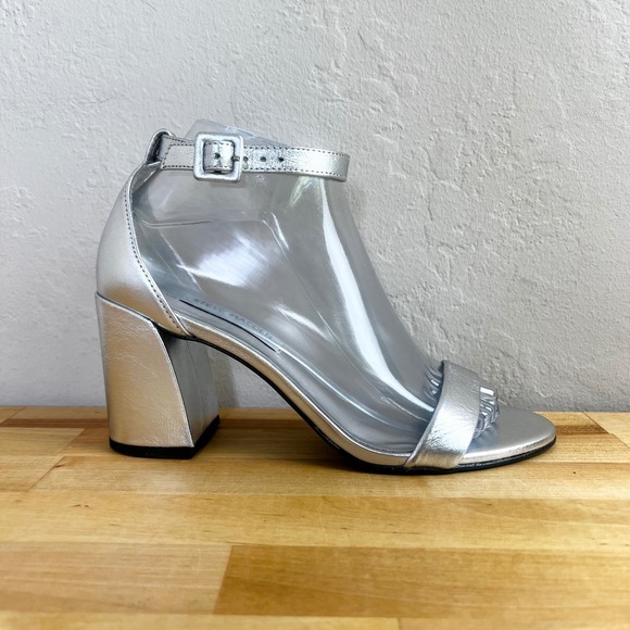 Steve Madden Matty Silver Metallic Ankle Strap Block Heel Sandal Shoes Size 7 - Picture 1 of 10